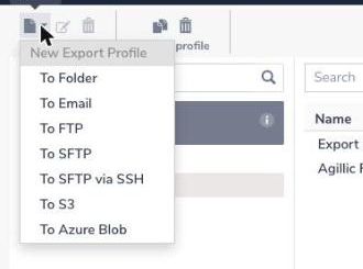 The New Export Profile menu open, with To Folder as the first destination