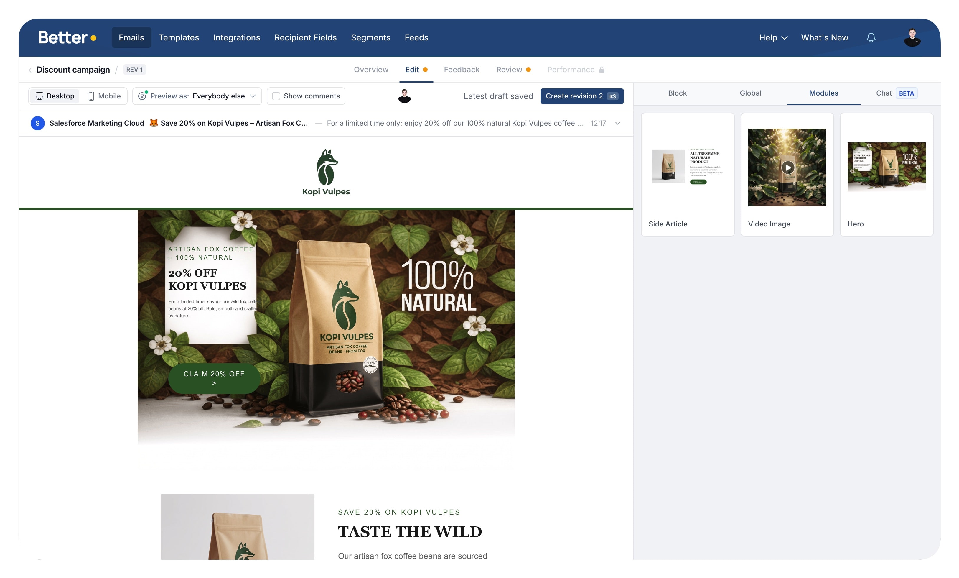 Better Email editor showing preview area and sidebar tabs