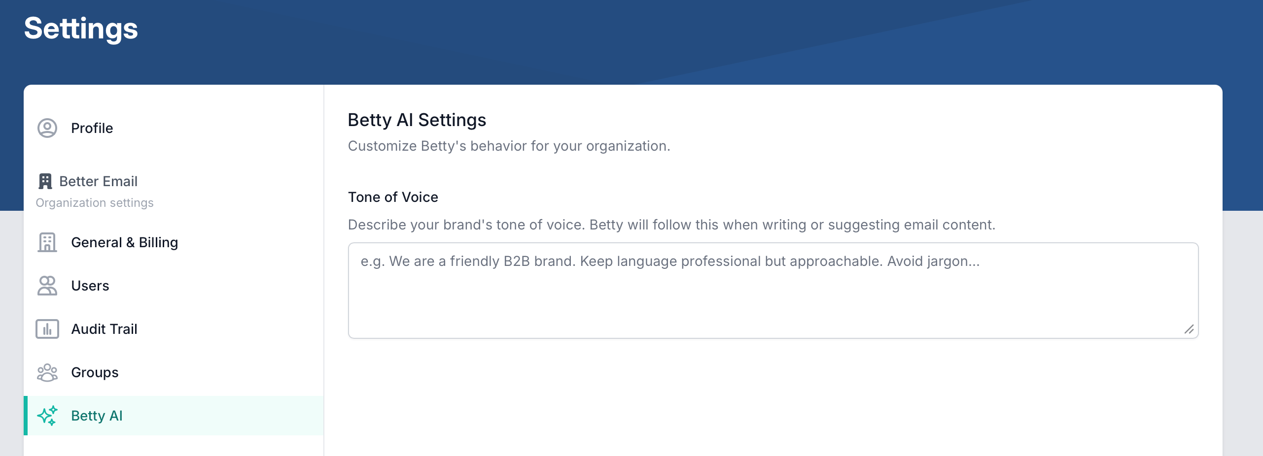 Betty AI Settings - Tone of Voice field