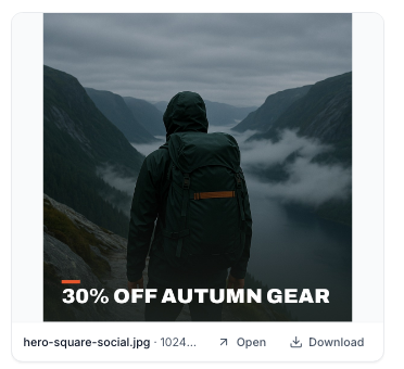An image card in the Betty chat showing a square crop of a hero photo with a sale headline, with Open and Download