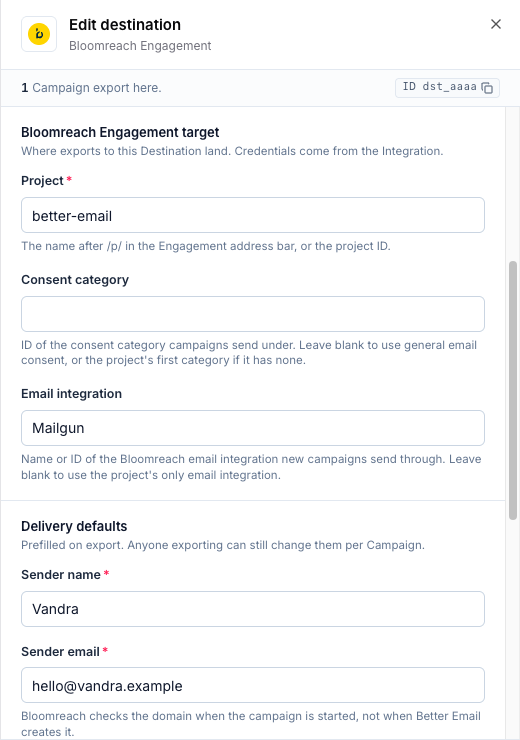 Destination drawer for a Vandra Destination with the Bloomreach project, Mailgun as the email integration, and Vandra as the sender