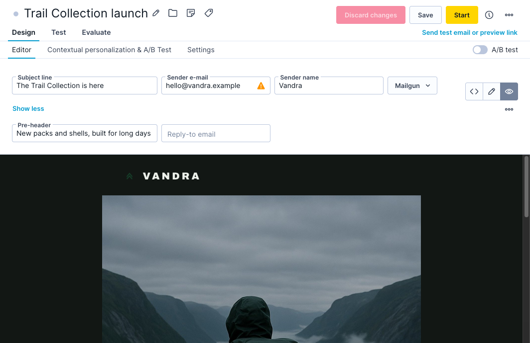 The synced Vandra Campaign as a draft email campaign in Bloomreach Engagement, with its subject, preheader, sender and Mailgun filled in