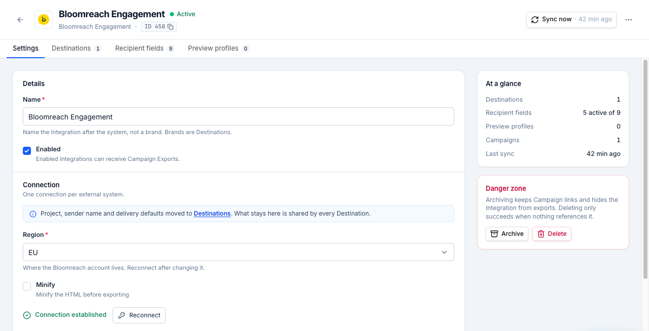 Bloomreach Engagement integration settings with the EU region selected and the connection established