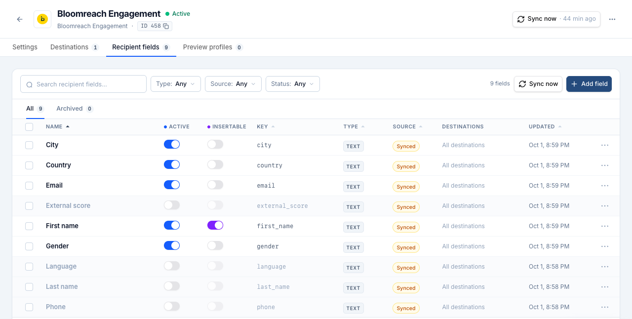 Recipient fields tab listing customer properties synced from a Bloomreach project, such as City, Country and First name