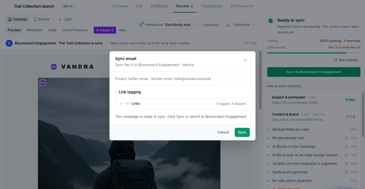 Sync dialog on the Review tab showing the Bloomreach project and sender the Campaign syncs to