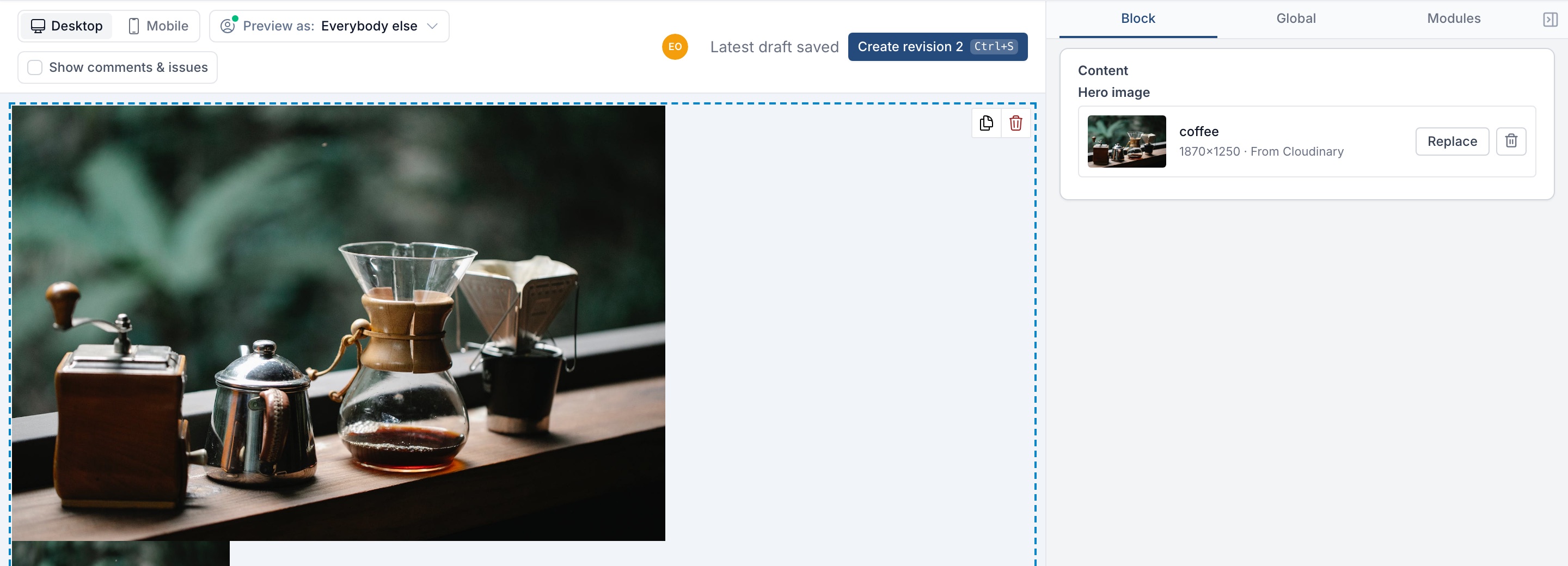 The Campaign Editor with a hero image picked from Cloudinary, shown in the preview and in the Block sidebar