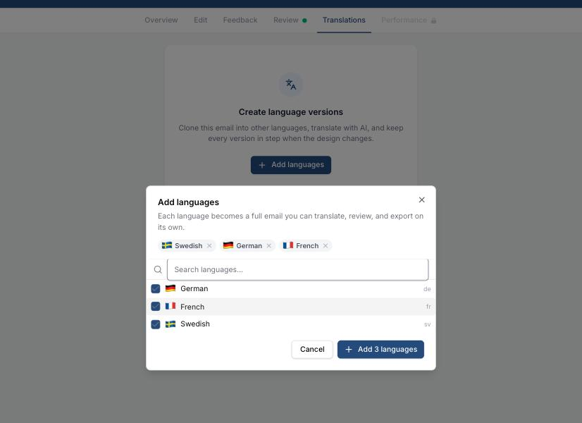 Add languages dialog with Swedish, German, and French selected