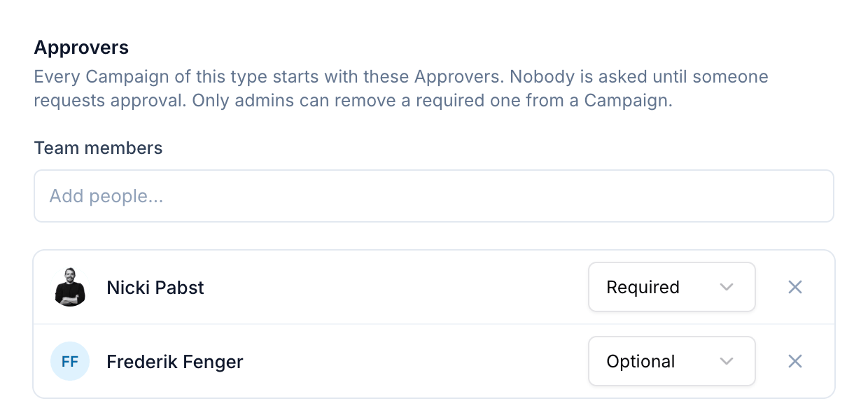 The Approvers section with Nicki Pabst as a required approver and Frederik Fenger as an optional one