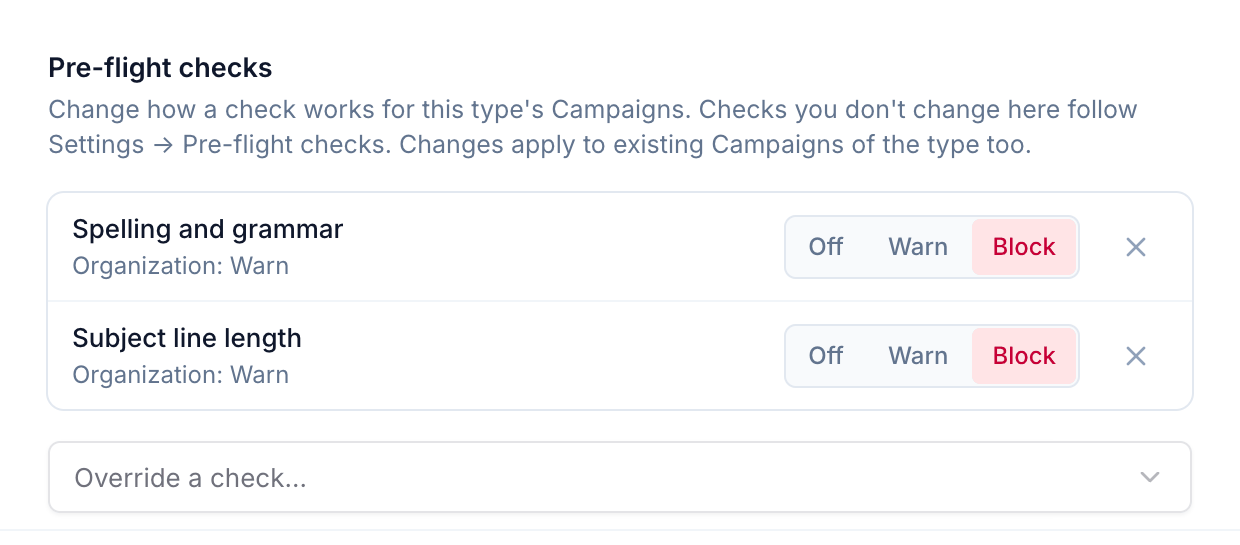 The Pre-flight checks section with Spelling and grammar and Subject line length set to Block, both Warn for the Organization