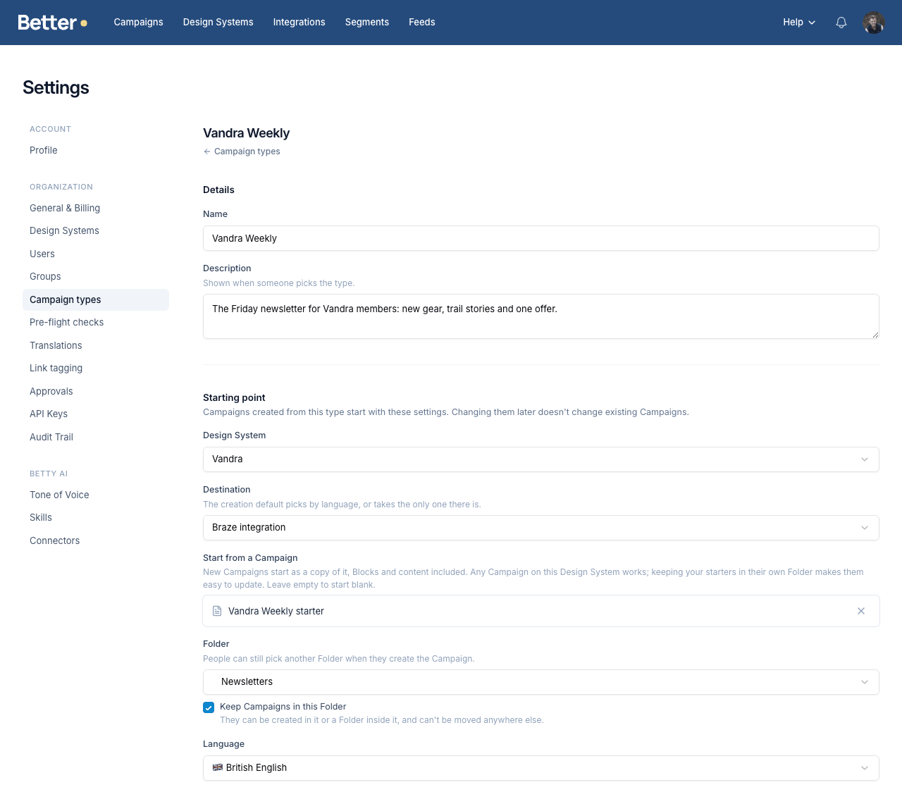 The top of a Campaign type's settings: name and description, then the Starting point section with the Design System, Destination, starting Campaign, Folder with "Keep Campaigns in this Folder" ticked, and language