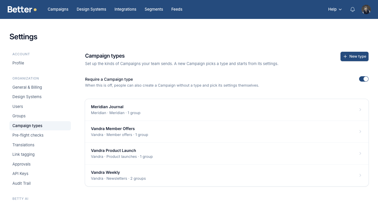 The Campaign types settings page listing Meridian Journal, Vandra Member Offers, Vandra Product Launch and Vandra Weekly, each with its Design System, Folder and who can create from it