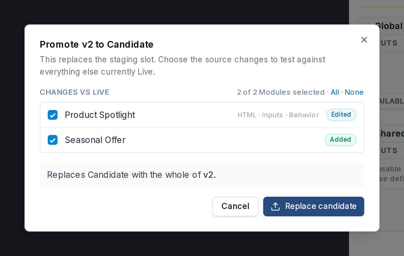 Promote to Candidate dialog listing an edited Product Spotlight module and an added Seasonal Offer module, both selected