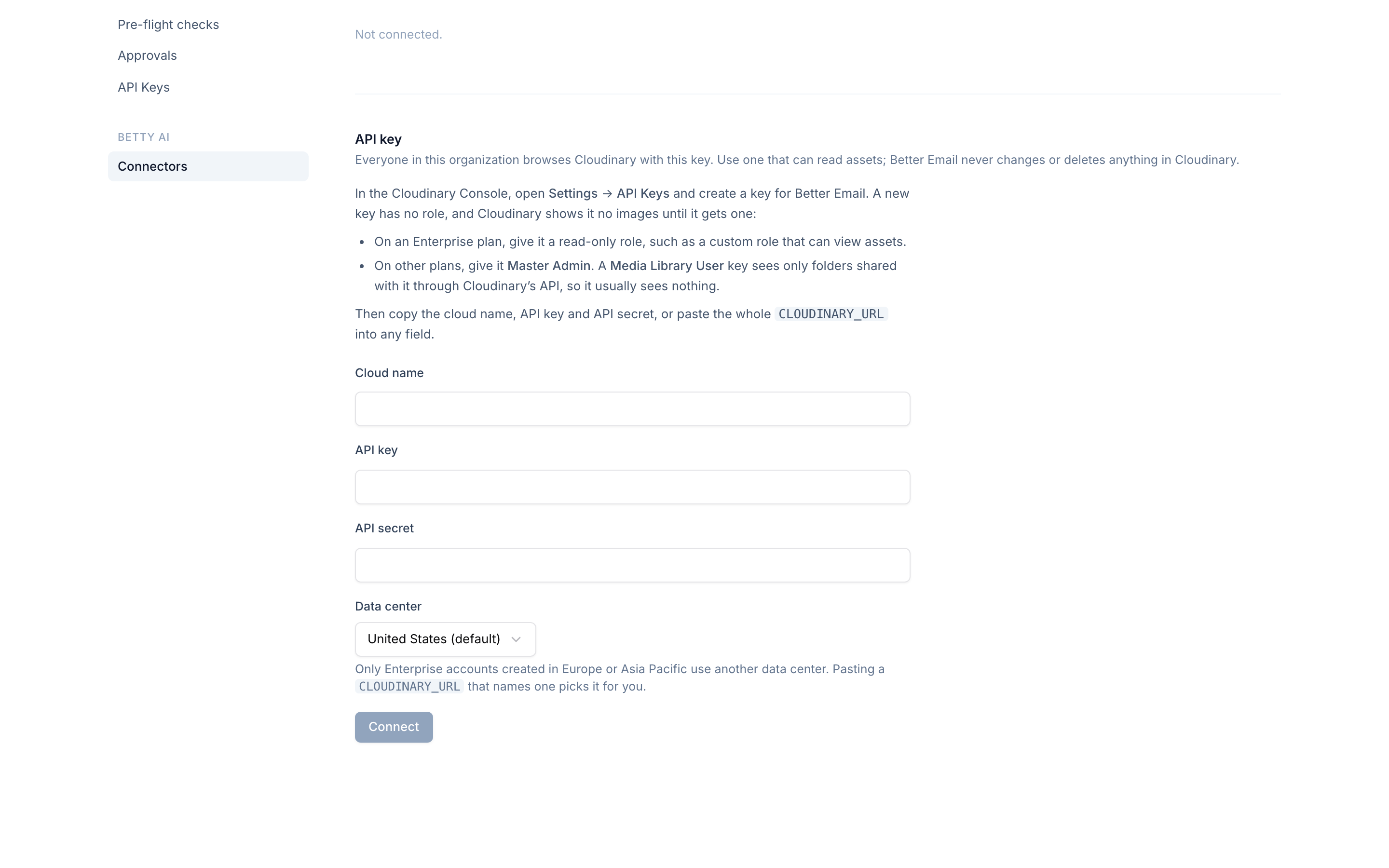 The Cloudinary connector before connecting, with fields for the cloud name, API key and API secret