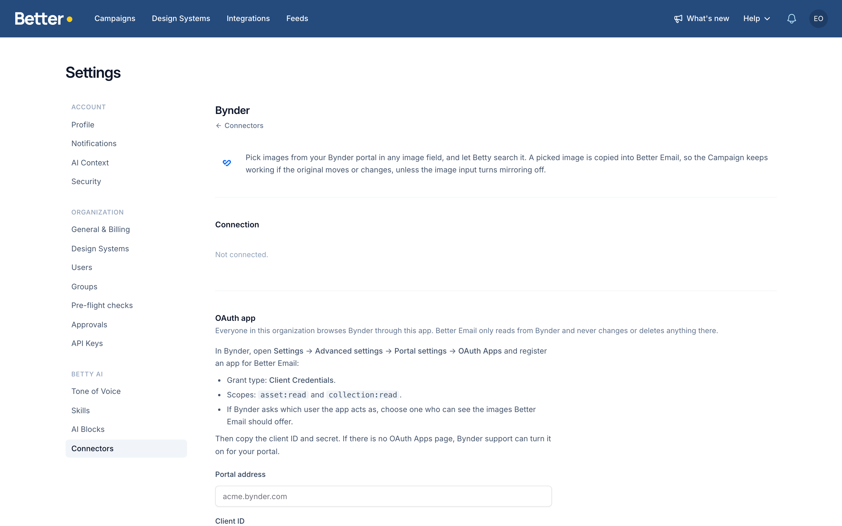 The Bynder connector before connecting, with instructions for the OAuth app and fields for the portal address, client ID and client secret