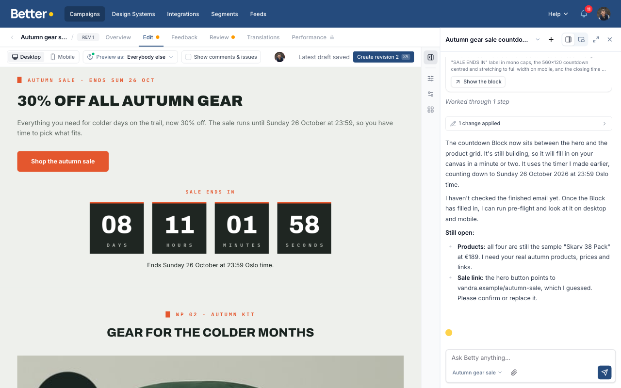 A sale Campaign in the editor with a live countdown between the hero and the product grid, and Betty's reply in the chat