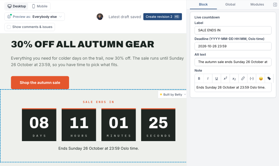 The countdown Block selected, with its Deadline setting showing 2026-10-26 23:59 in Oslo time