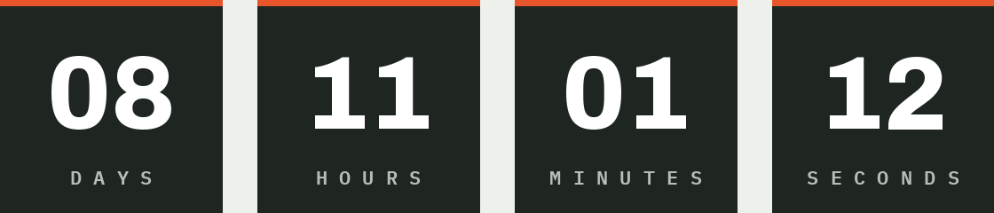 A countdown timer in a dark outdoor brand style showing days, hours, minutes and seconds, with the seconds ticking down