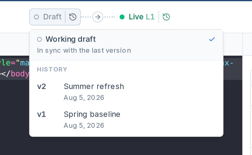 Draft history open in the editor top bar, showing the working draft in sync with the last version above named versions v2 and v1