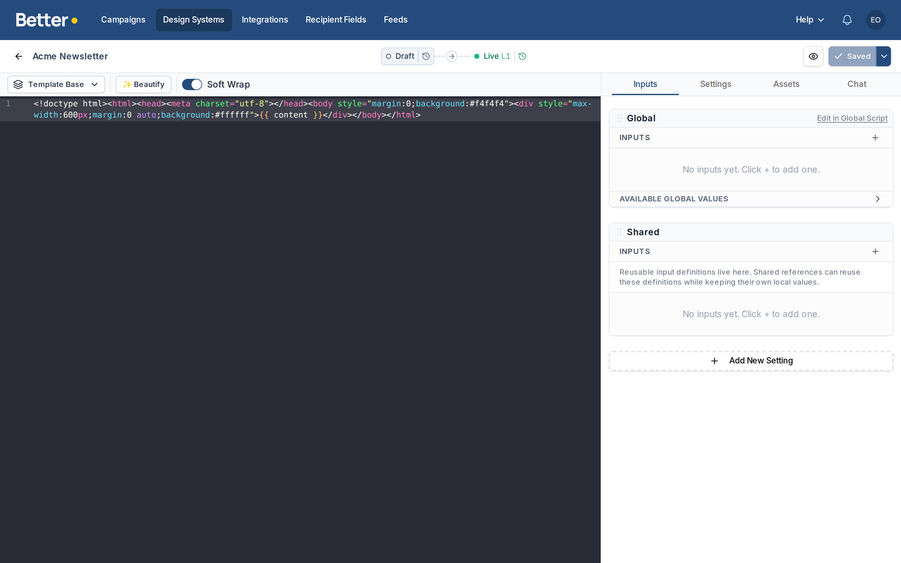 Vandra Design System Editor with template code and reusable input definitions side by side