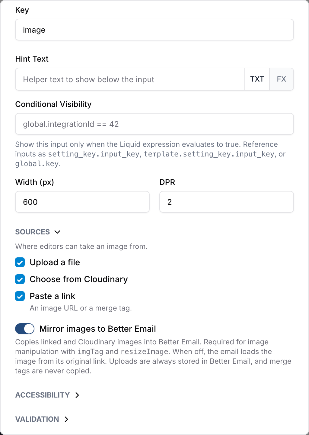 The image input settings with the Sources section open: Upload a file, Choose from Cloudinary and Paste a link ticked, and Mirror images to Better Email turned on