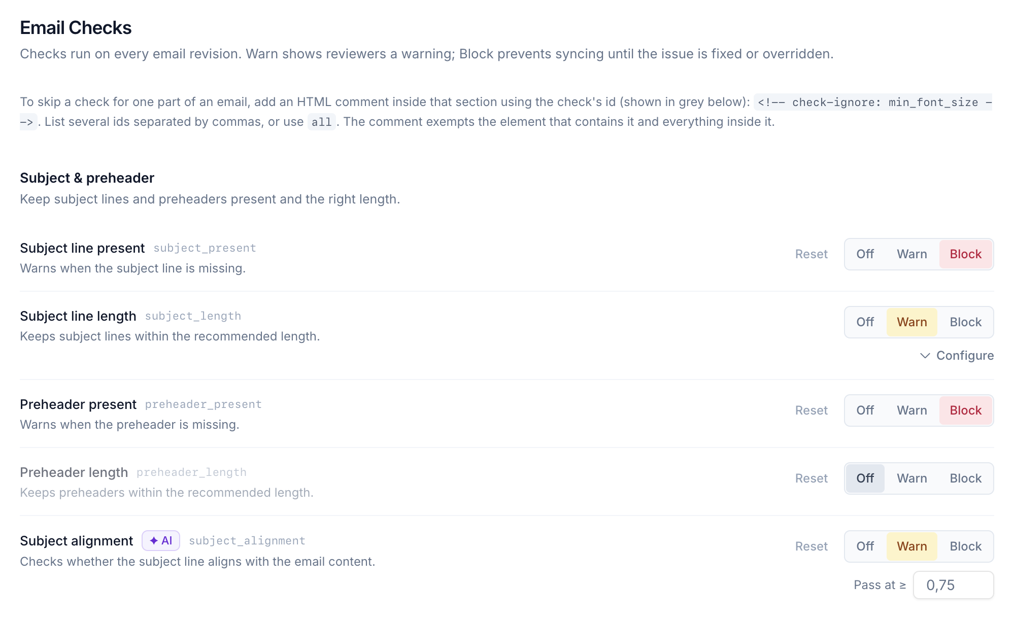 Email Checks settings page with Off/Warn/Block controls per check