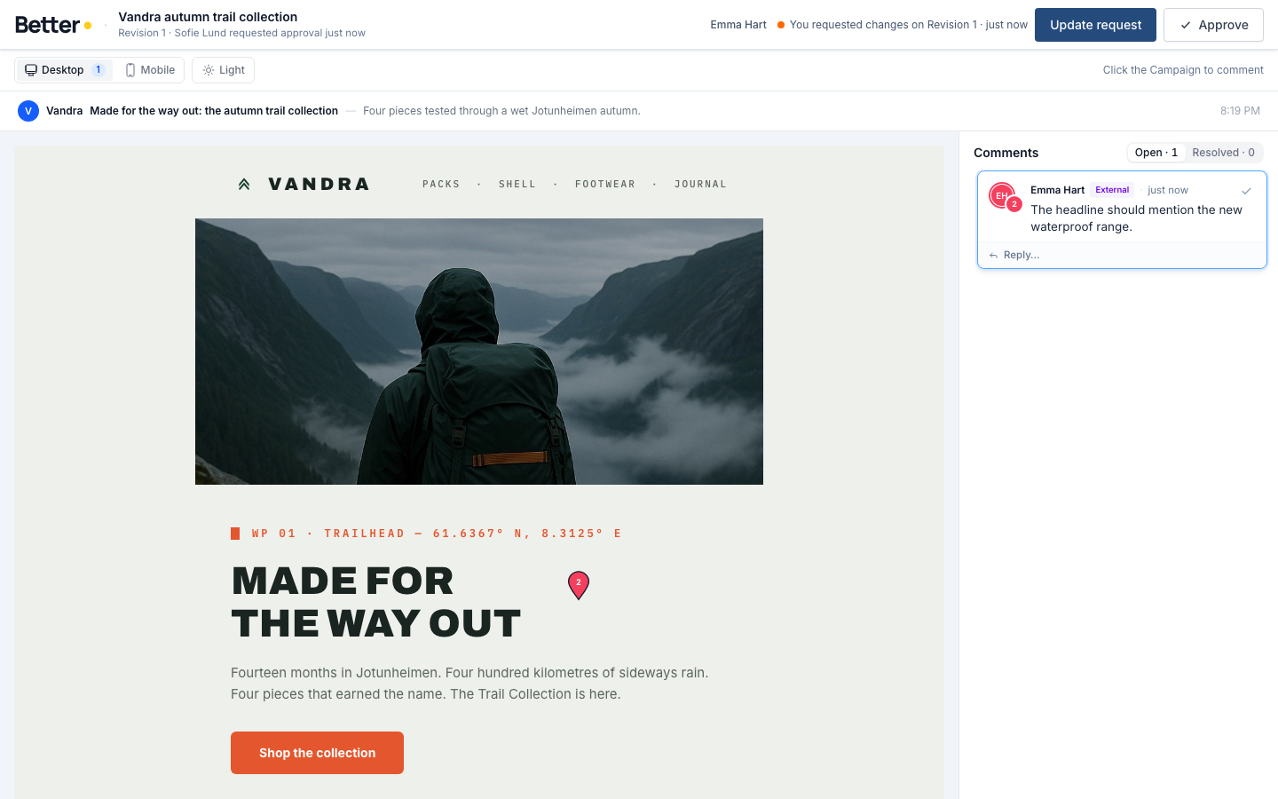 External review page for the Vandra autumn trail collection: the email preview with comment pin 2 on the headline, the reviewer's comment in the sidebar, and "You requested changes on Revision 1" in the top bar