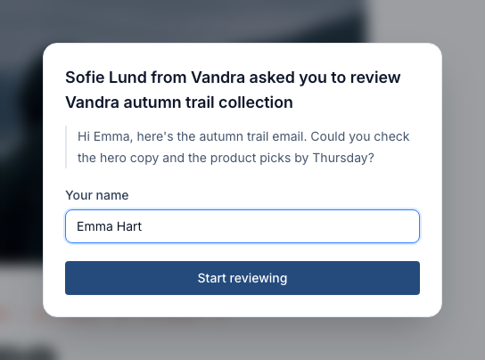 Welcome dialog reading "Sofie Lund from Vandra asked you to review Vandra autumn trail collection", with the note quoted and the reviewer's name filled in