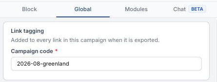The Global tab of the campaign editor showing a required Campaign code field under a Link tagging heading