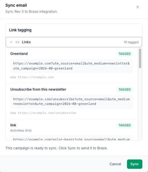 Export dialog with the Links section expanded, each link showing its tagged URL, a Tagged badge, and the original URL below