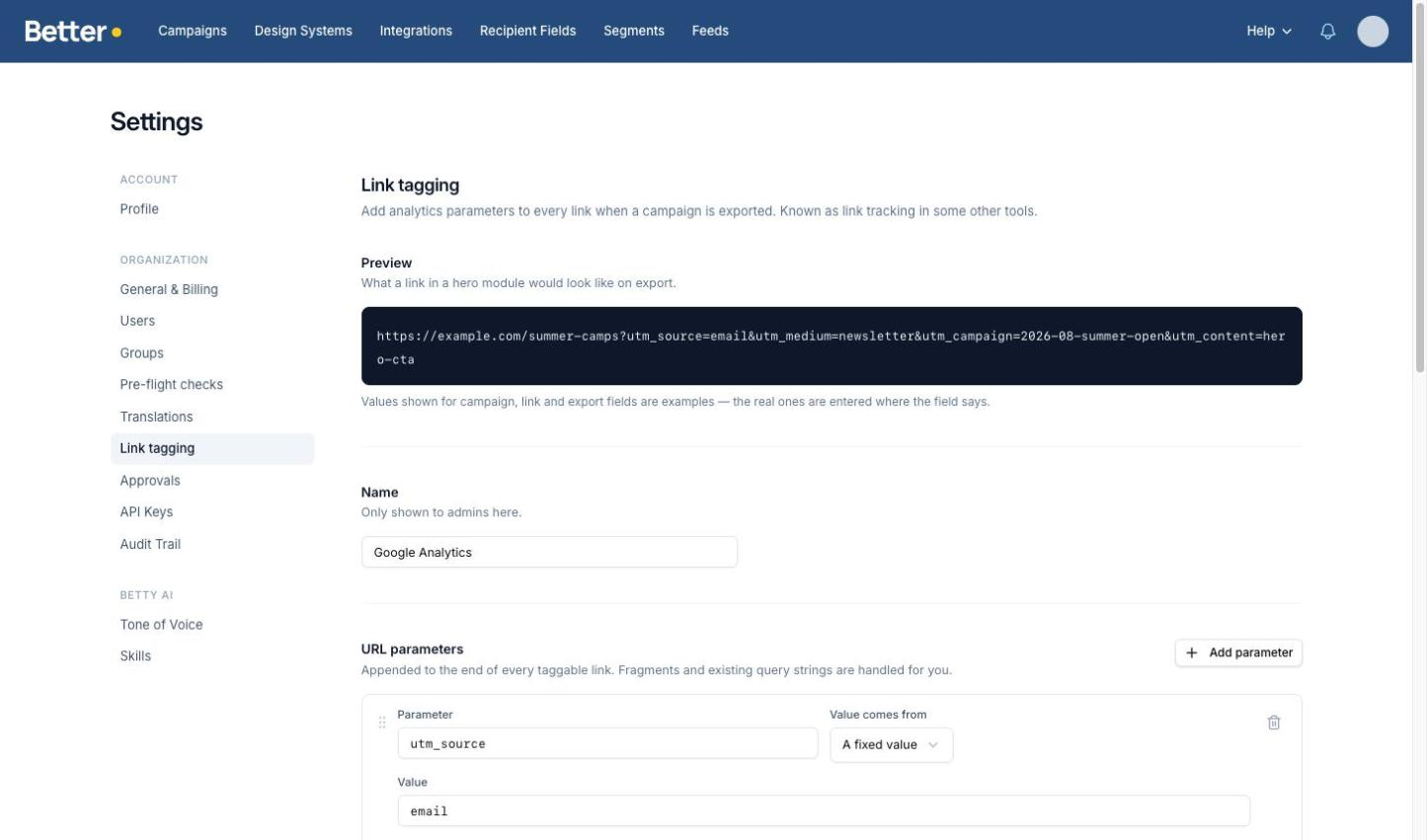 Link tagging settings with the Google Analytics preset: a live preview of a tagged URL above the list of URL parameters