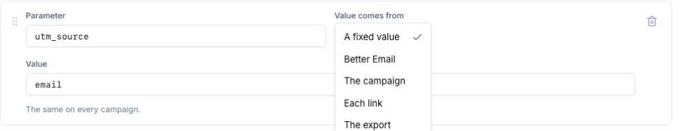 The "Value comes from" menu open on a parameter, listing A fixed value, Better Email, The campaign, Each link and The export