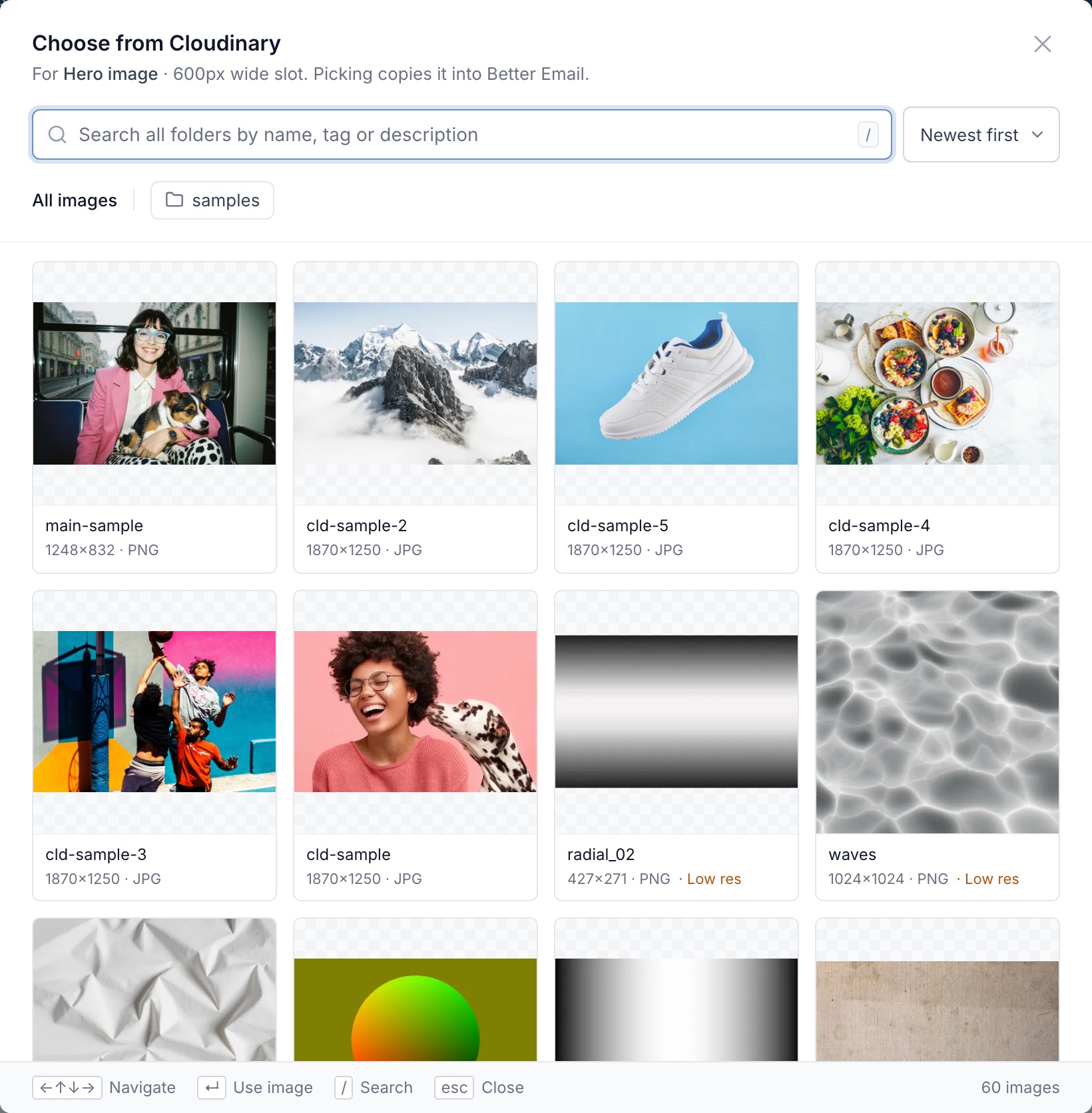 The Cloudinary picker showing all images, newest first