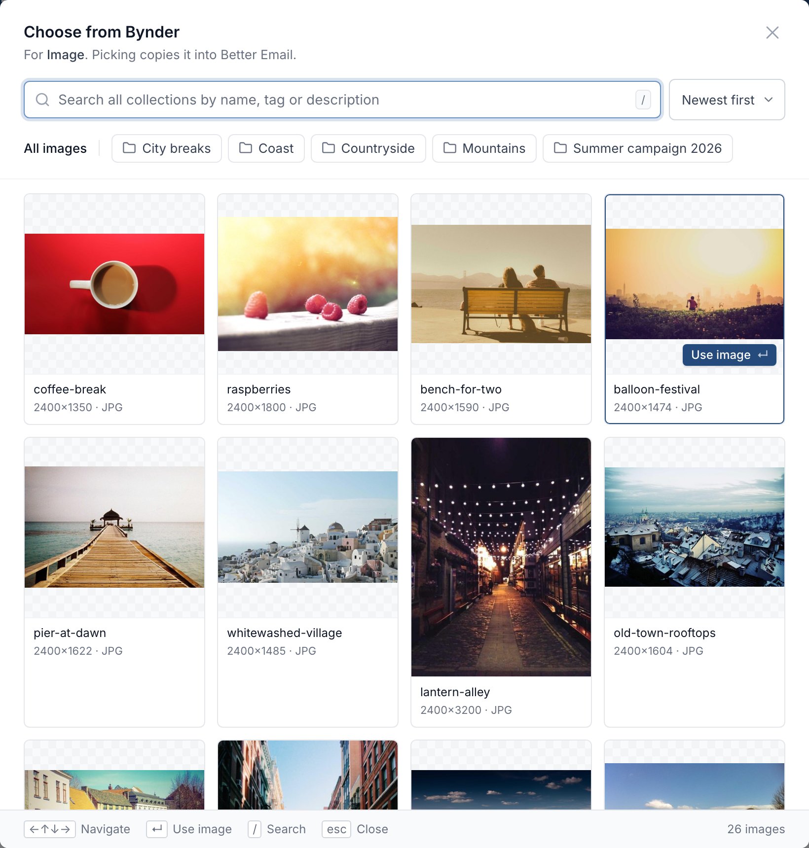 The Bynder picker showing all images, newest first, with the collections above them
