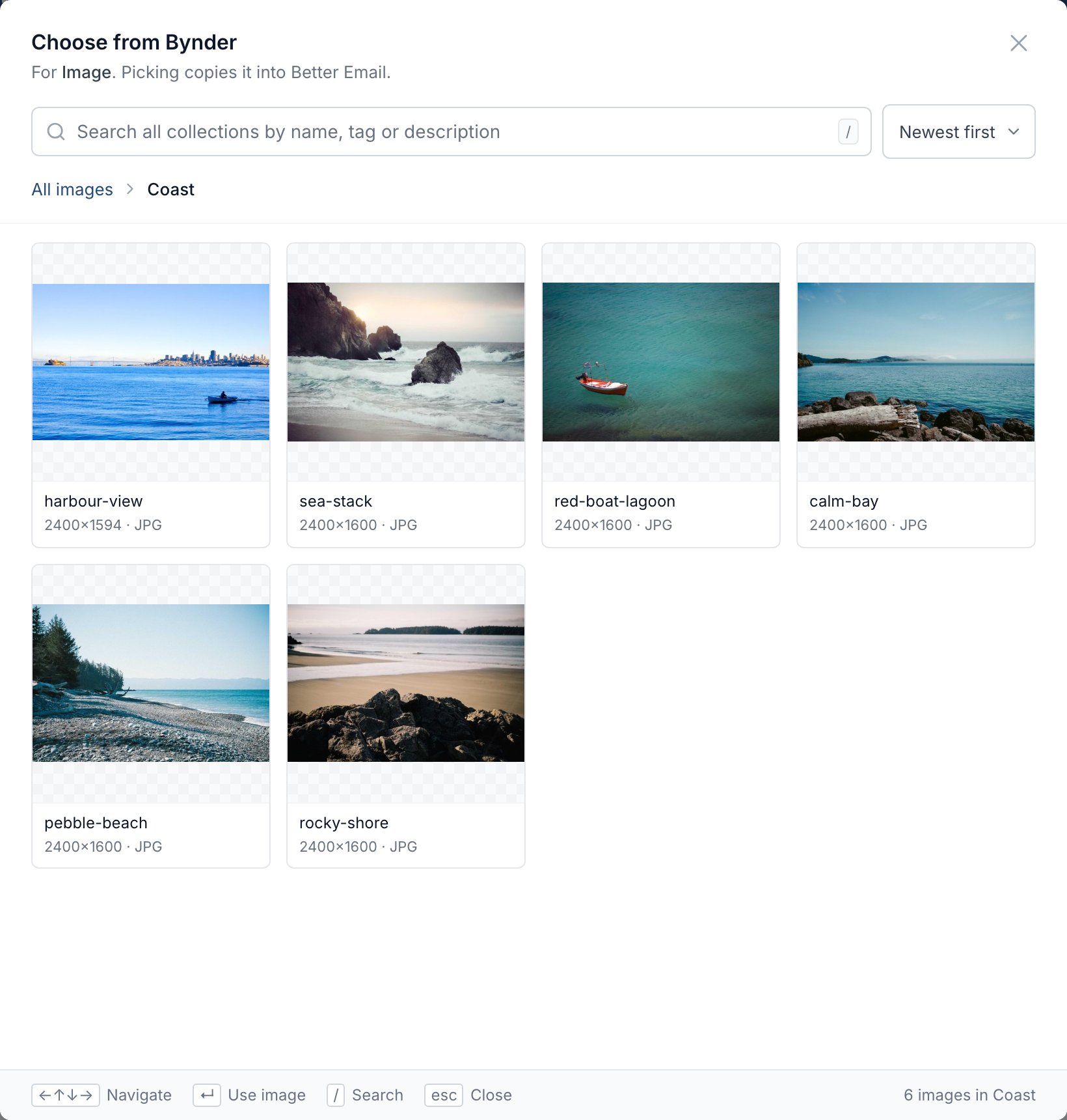 The Bynder picker, browsing the Coast collection