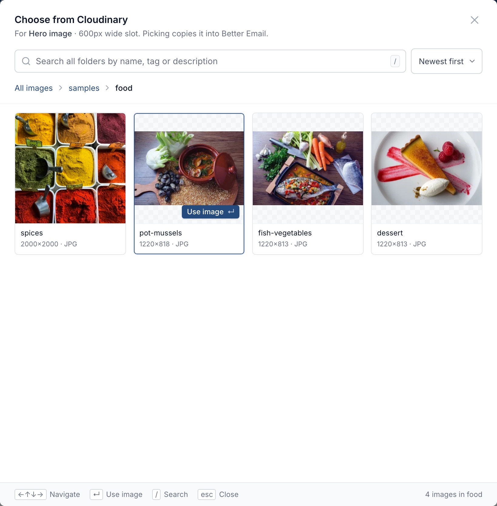 The Cloudinary picker, browsing the food folder with one image selected by keyboard