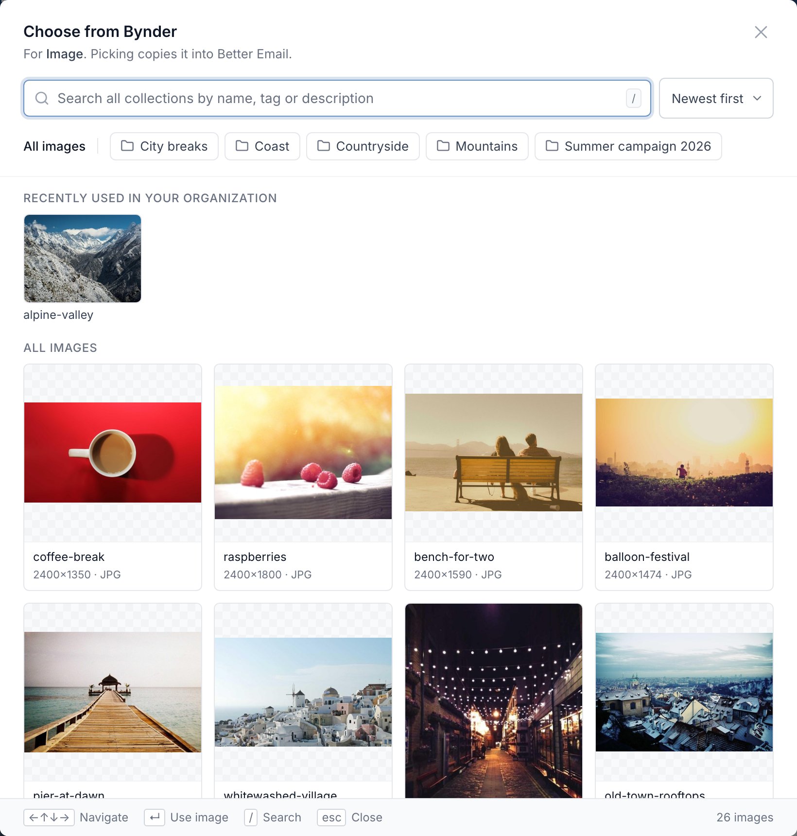The picker with a Recently used in your organization row above all images
