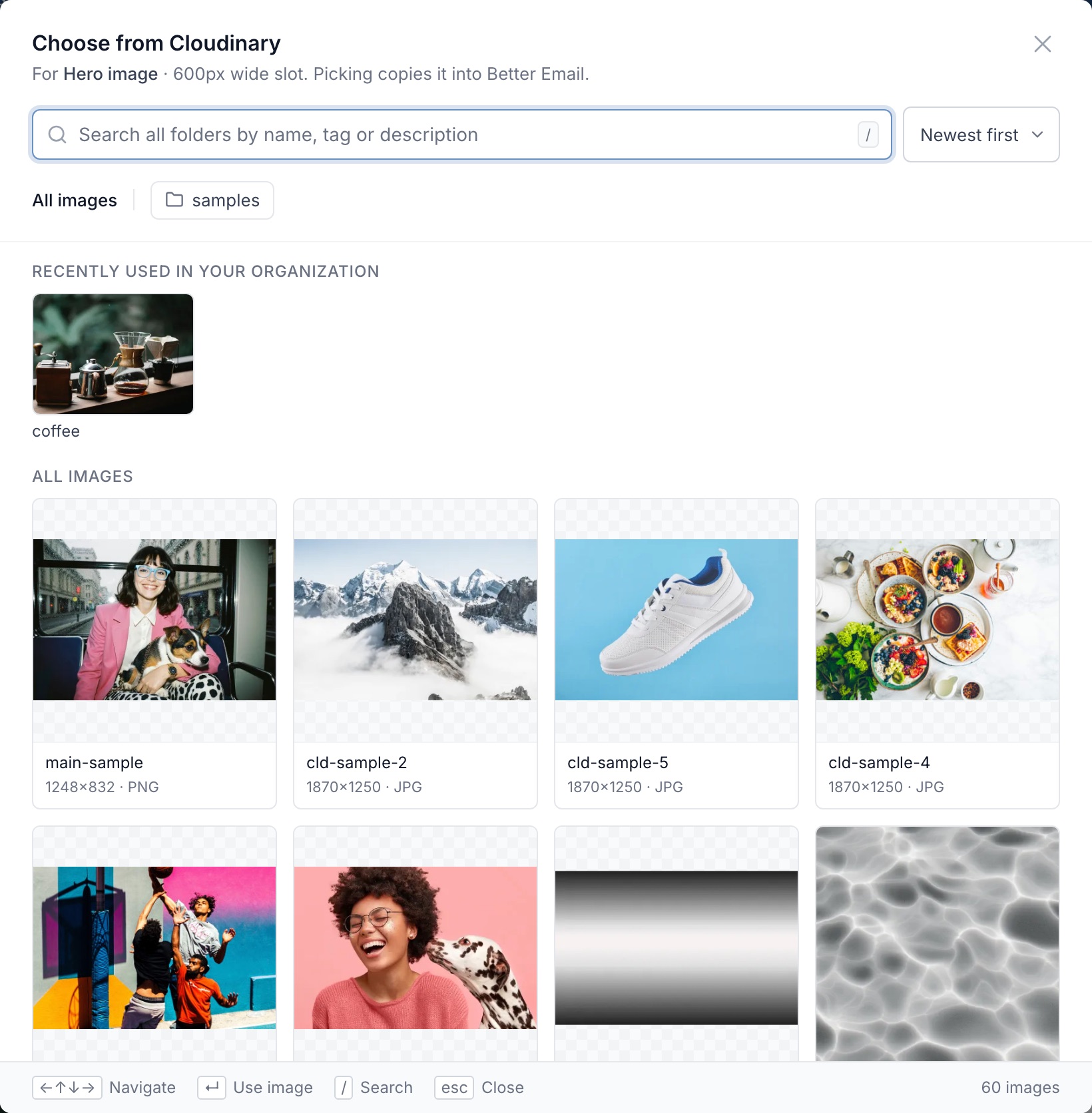 The picker with a Recently used in your organization row above all images