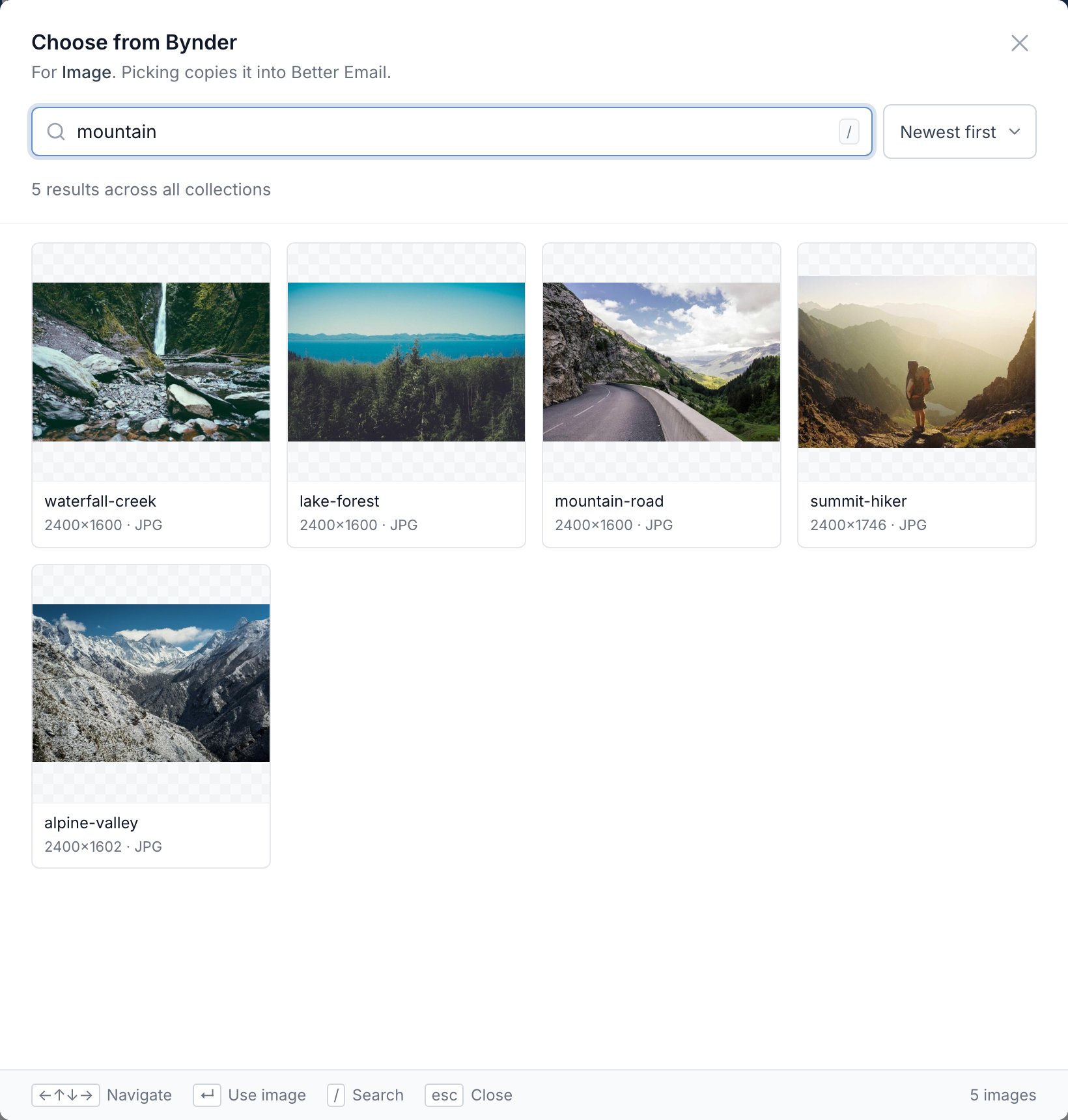 Searching for "mountain" finds five images across all collections