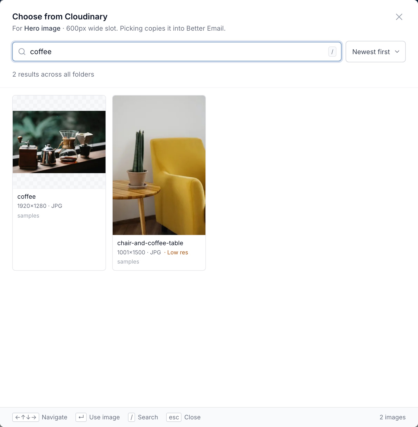 Searching for "coffee" finds two images across all folders