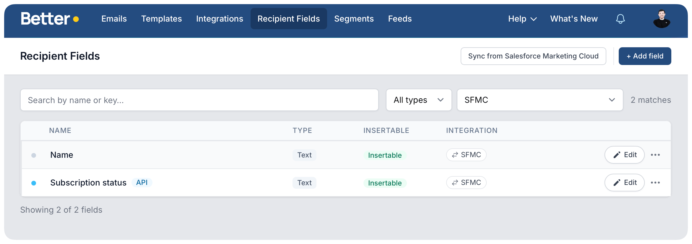 Recipient Fields page showing synced fields with type, insertable state, and integration