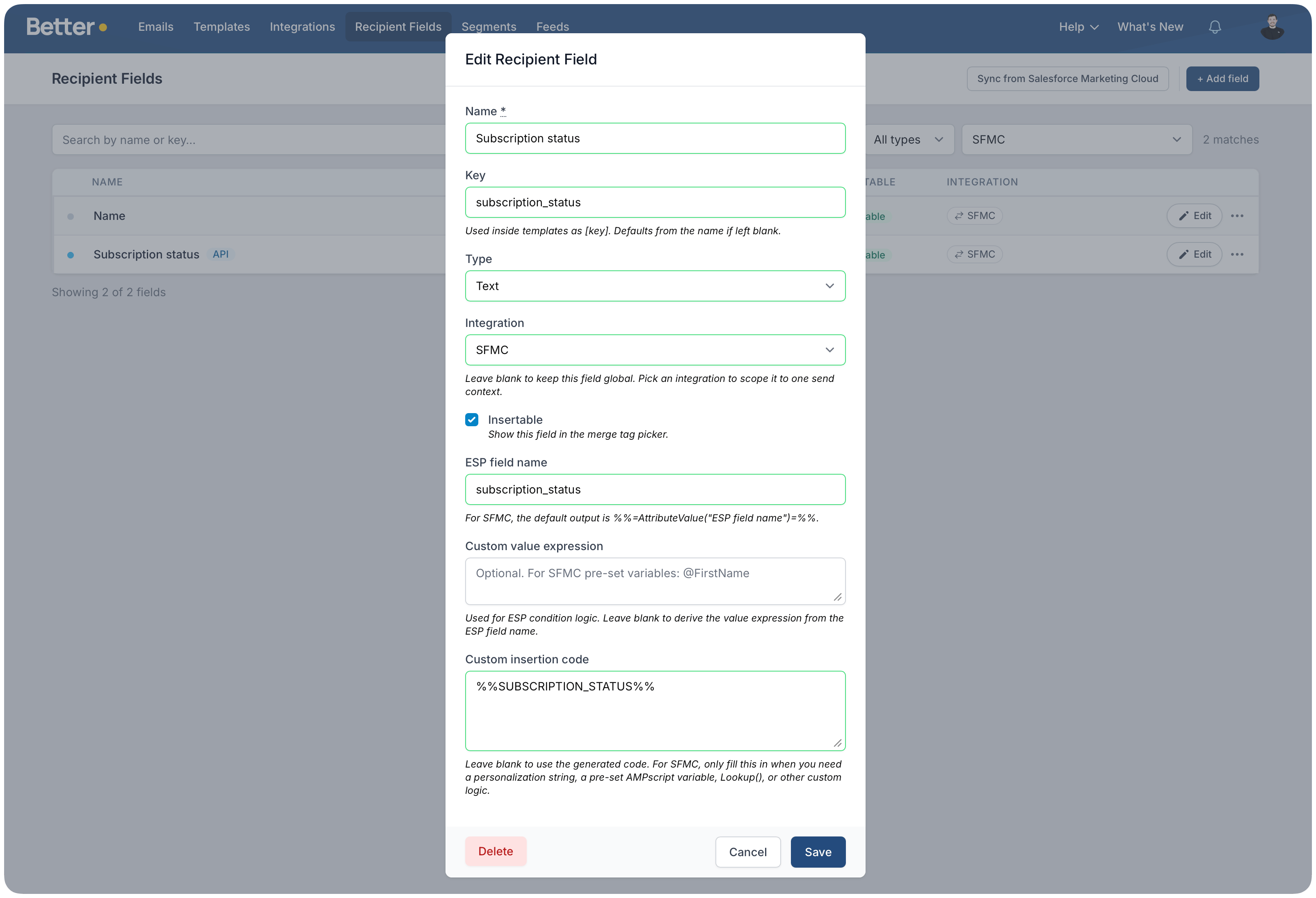 Edit Recipient Field modal showing field key, type, integration, insertable state, and custom insertion code