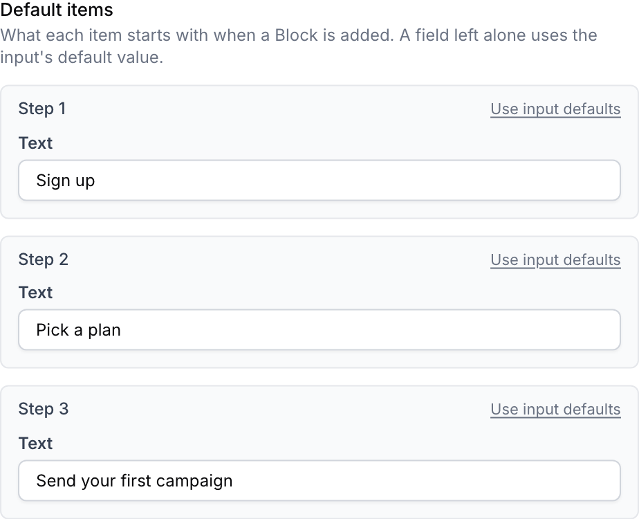 Default items in the setting dialog: three Step cards, each with its own text