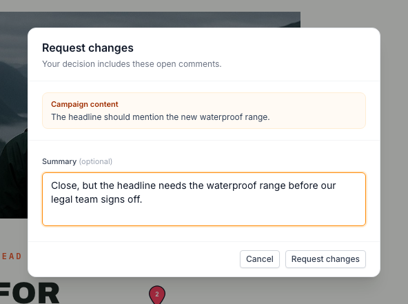Request changes dialog listing the reviewer's open comment about the headline, with a summary explaining what needs to change before legal signs off