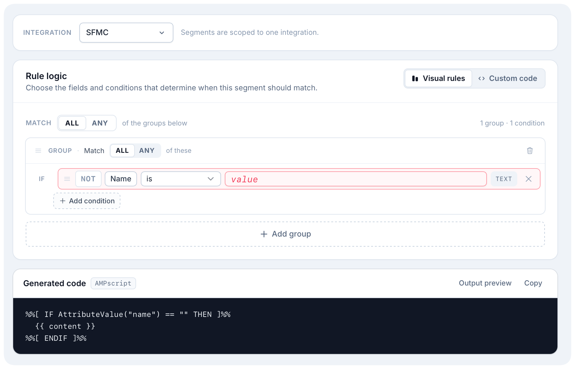 Segment builder showing recipient fields as rule inputs with generated AMPscript output