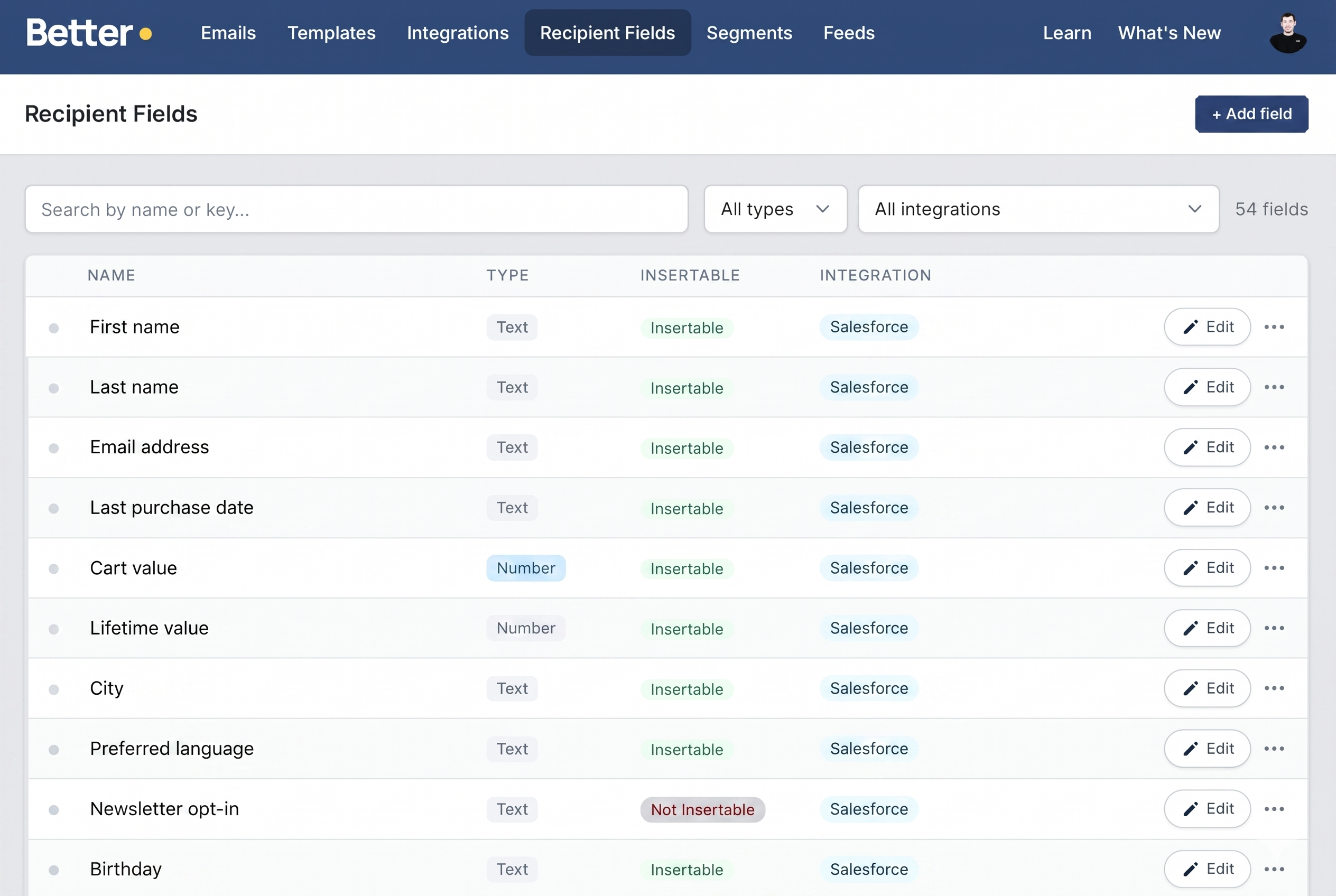 Recipient fields overview showing synced fields from multiple integrations