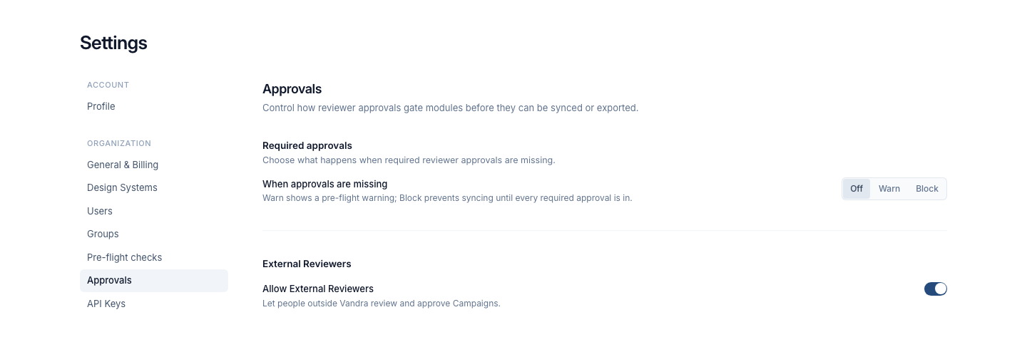 Approvals settings page with the "When approvals are missing" control and the External Reviewers card, where "Allow External Reviewers" is switched on