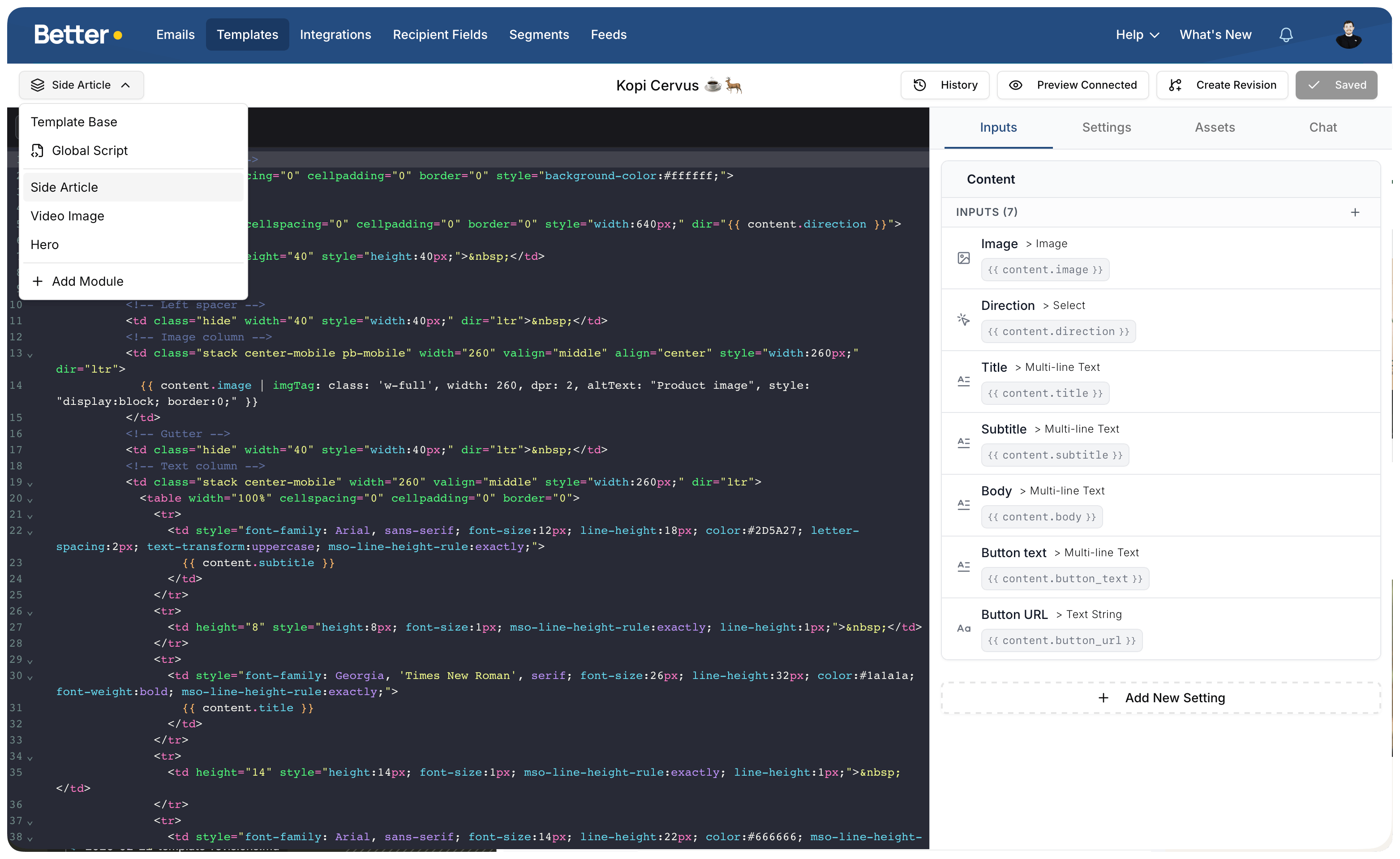 Template Editor with module picker and right-side tabs