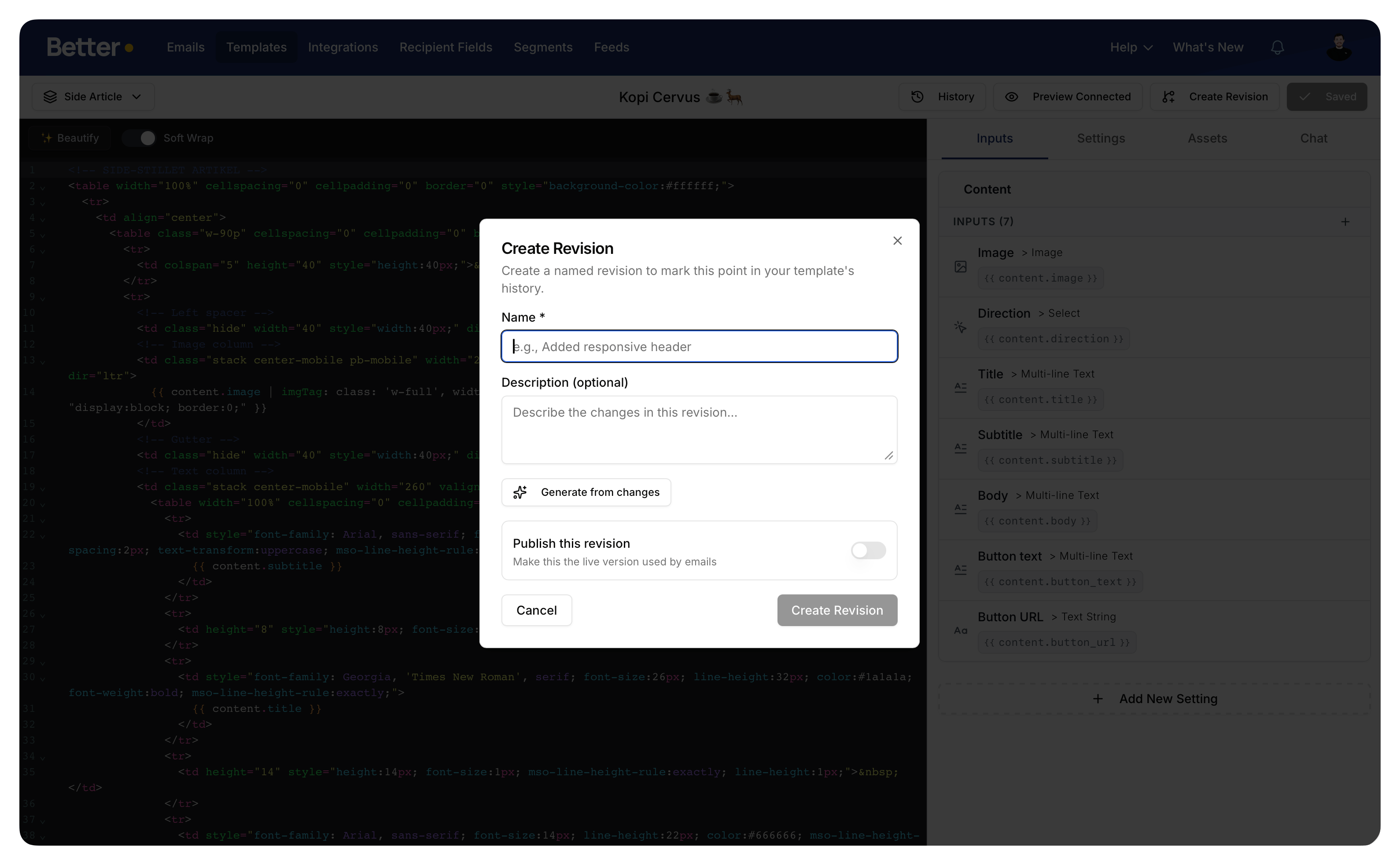 Create Revision dialog for naming and publishing a revision