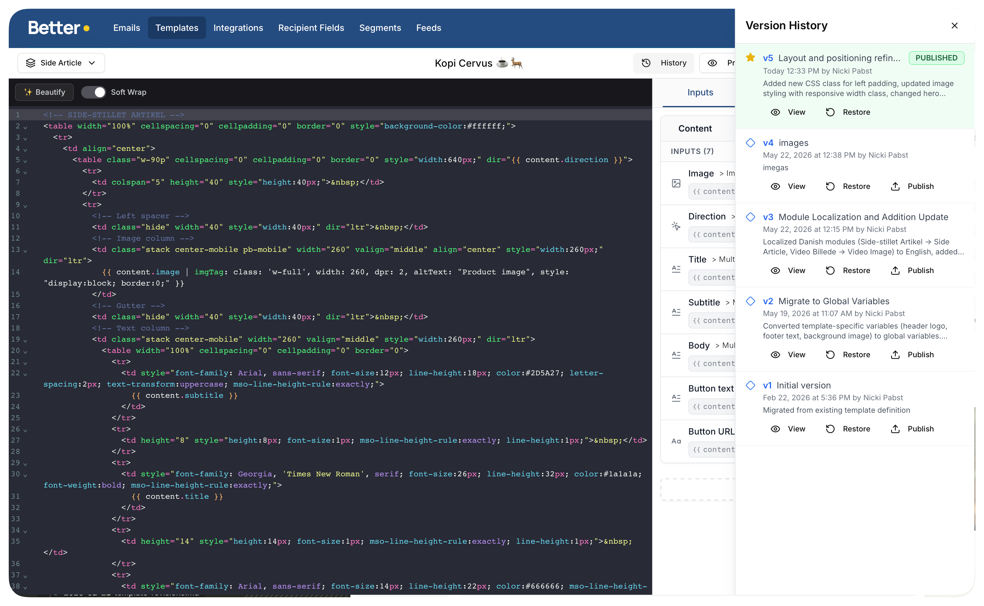 Version History panel showing published and draft revisions