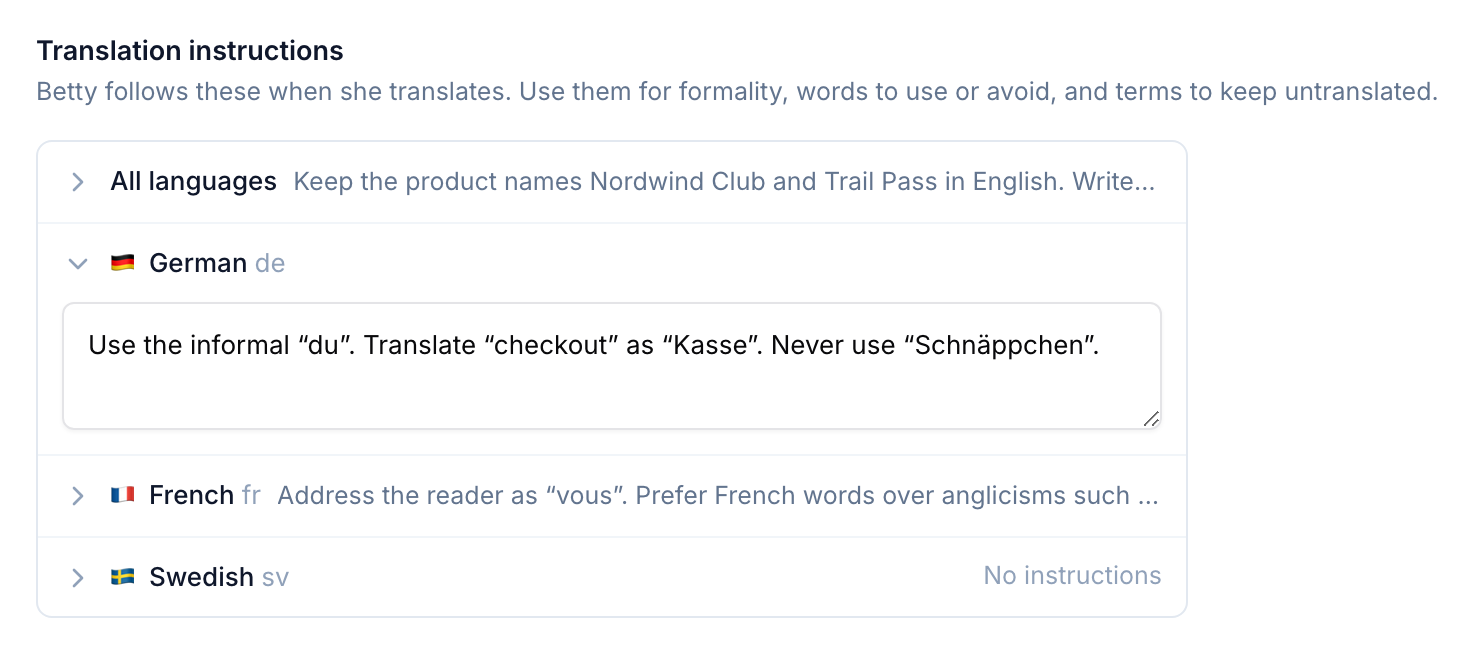 Translation instructions with text for all languages, the German row open with instructions about "du", "Kasse" and "Schnäppchen", French instructions previewed, and Swedish showing No instructions